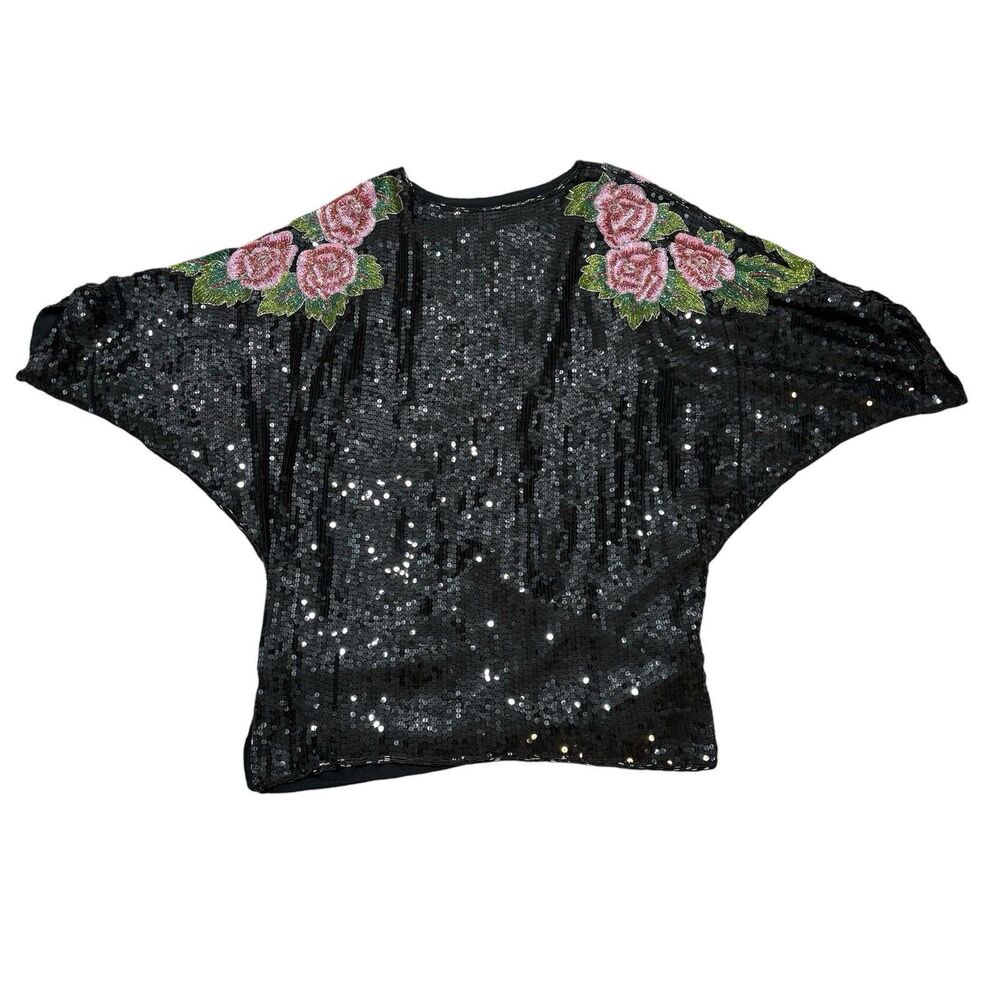 Vintage Black Sequin Beaded Floral Dolman Batming Sleeve Tunic Est Size XL